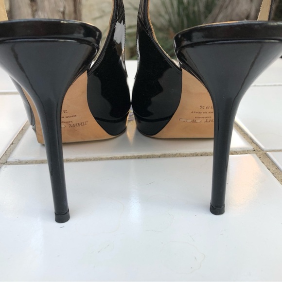 Jimmy Choo Size 39.5 9.5 Black Patent Leather Peep Toe Sling Back Heel Pumps - Picture 4 of 9